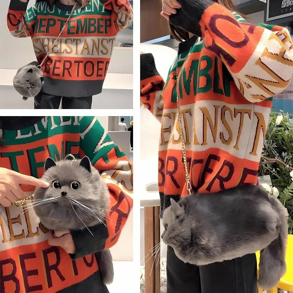 Realistic Puffy Plush Cat Crossbody Bag Women Cute Soft Faux Fur Zipper